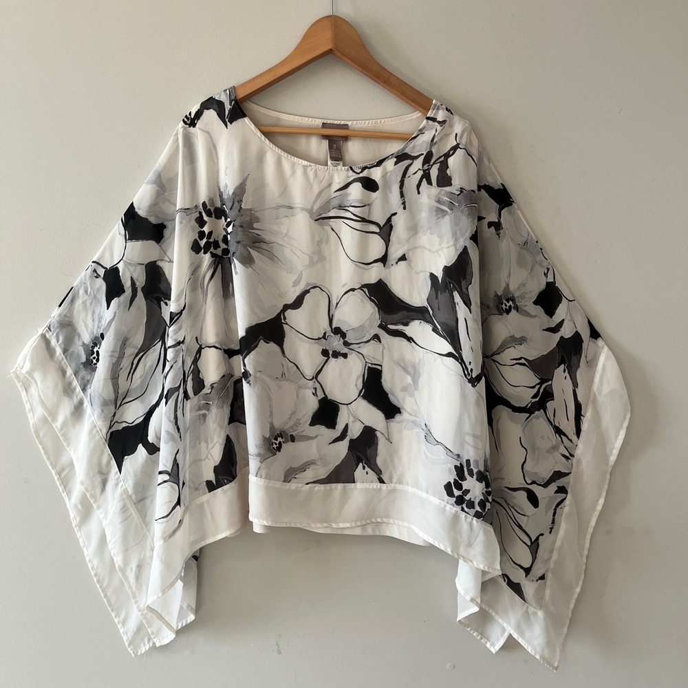 Chico's Floral Poncho Blouse Botanical Off White Black Size XL/16 Layered Sheer